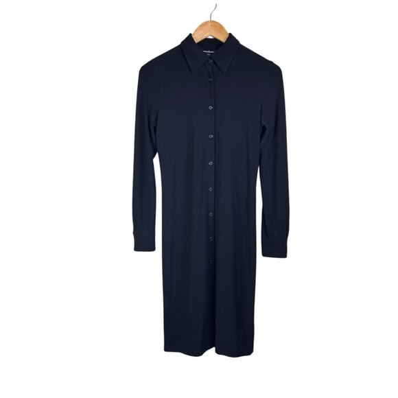 Norma Kamali Black Jersey Ponte Knit Long Sleeve Button Up Collared Shirt Dress - Picture 8 of 12